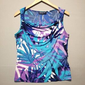 Jones New York Tank Top Womens PS Blue Purple Tropical Cowl Neck Stretch Resort